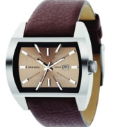 This bold watch brings a cool edge to every day. Copper-tone dial with silvertone markers and three-hand function. Date window. Brown leather strap. Water resistant to 100 meters. 2-year limited warranty.
