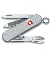 Superior craftsmanship meets classic style in the sterling silver Alox Swiss Army pocket knife. Featuring a stainless steel blade, nail file with nail cleaner, scissors, key ring, tweezers and toothpick. Lifetime guarantee against any defects in material and workmanship. Approximate length: 2-1/4 inches.
