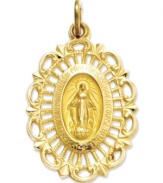 Inspire your style with symbolism. This stunning Miraculous Medal charm features the words, O Mary Conceived Without Sin Pray For Us Who Have Recourse To Thee with a two-sided medal design. Crafted in 14k gold. Chain not included. Approximate length: 1 inch. Approximate width: 2/5 inch.