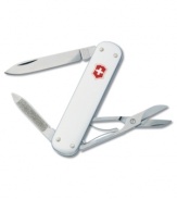 Better than a wallet, the Swiss Army money clip pocket knife keeps your money in order and your tools close at hand. Crafted in sterling silver and featuring a stainless steel blade, nail file with nail cleaners, scissors and money clip. Lifetime guarantee against any defects in the material and workmanship. Approximate length: 2-9/10 inches.