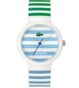 Refined sports watch with a burst of lively color. Unisex Goa watch by Lacoste crafted of blue and green stripe silicone strap and round white plastic case. Blue stripe dial features iconic crocodile logo, cutout hour and minute hands and blue second hand. Quartz movement. Water resistant to 30 meters. Two-year limited warranty.