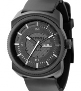 Get a modern sporty look with this dark watch by Diesel. Black polyurethane strap and round stainless steel case. Black dial with white stick indices, date window and logo. Analog movement. Water resistant to 50 meters. Two-year limited warranty.