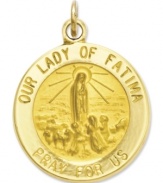 In honor of Our Lady of Fátima, this 14k gold circle charm is a great way to commemorate your faith. Script reads: Our Lady of Fatima Pray For Us. Approximate length: 8/10 inch. Approximate width: 6/10 inch.