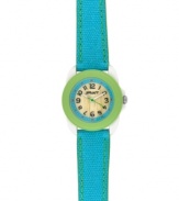 Natural, unpolished bamboo makes this bright, eco-friendly watch by Sprout even more lively. Light blue organic cotton strap with green stitching and round ivory corn resin case. Light green corn resin bezel. Natural bamboo dial with light blue corn resin inner ring features black printed numerals, minute track, green sweeping second hand and logo. Quartz movement. Limited lifetime warranty.