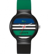Prep school chic from Lacoste. Unisex Goa watch crafted of green and black silicone strap and round black plastic case. Multi-color stripe dial features iconic crocodile logo at twelve o'clock, black text logo at six o'clock, white cut-out hour and minute hand and red second hand. Quartz movement. Water resistant to 30 meters. Two-year limited warranty.
