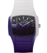 The shy need not apply. Flaunt your adventurous side with this bold watch by Diesel. Purple and white silicone-wrapped stainless steel bracelet and square case. Black dial covered with faded purple crystal features white stick indices, numeral at nine o'clock, three hands and logo. Quartz movement. Water resistant to 30 meters. Two-year limited warranty.