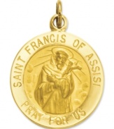 Commemorate the patron Saint of animals and the environment. This intricate medal charm features a divine depiction, as well as the words: Saint Francis of Assisi Pray For Us in 14k gold. Chain not included. Approximate length: 9/10 inch. Approximate width: 6/10 inch.
