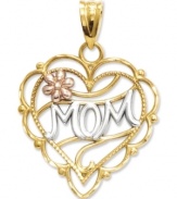 Make this Mother's Day gift magical. This delicate heart charm features a unique diamond-cut setting, a petite flower accent, and the word Mom across the front. Crafted in 14k gold, 14k rose gold and sterling silver. Chain not included. Approximate length: 8/10 inch. Approximate width: 6/10 inch.