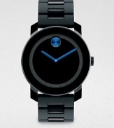 A modern, minimalist design with superior technology and functionality, complemented by a solid dial with electric blue contrast hands and a polymer link bracelet for an understated, handsome finish.Round bezelQuartz movementWater resistant to 3ATMStainless steel case: 42mm(1.65)Polymer strapImported