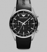 A smooth, logo-embossed rubber strap lends contemporary style to this classic chronograph design, in a stainless steel case with a black matte finish.Chronograph movementRound bezelWater resistant to 5ATMDate display at 5 o'clock Second handStainless steel case: 43mm(1.69)Rubber strap braceletImported