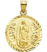 Commemorate Mexico's iconic religious image. Crafted in 14k gold this stunning Guadalupe medal features an intricate diamond-cut design. Approximate length: 1 inch. Approximate width: 7/10 inch.