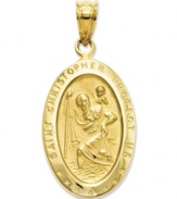 Commemorate the patron Saint of transportation. This intricate medal charm features a divine depiction, as well as the words: Saint Christopher Protect Us in 14k gold. Chain not included. Approximate length: 1 inch. Approximate width: 6/10 inch.