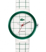 Hit the courts or the office with this upbeat men's and women's watch from Lacoste. White and green patterned silicone strap. Round green plastic case and round green and white patterned dial with logo. Quartz movement. Water resistant to 30 meters. Two-year limited warranty.