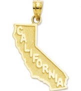 Honor the Golden State with a golden charm! Crafted in 14k gold, this charm features the word California across the surface. Approximate length: 1 inch. Approximate width: 6/10 inch.