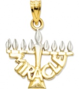 Celebrate the season with this festive charm. Crafted in 14k gold and sterling silver, this intricate menorah features the word Miracle written across the front. Chain not included. Approximate length: 8/10 inch. Approximate width: 7/10 inch.