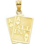 Wage your stake! This all in charm features an Ace of Hearts and an Ace of Spades crafted in 14k gold. Chain not included. Approximate length: 8/10 inch. Approximate width: 1/2 inch.