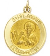 Commemorate the patron Saint of fishermen. This intricate medal charm features a divine depiction, as well as the words: Saint Andrew Pray For Us in 14k gold. Chain not included. Approximate length: 2/5 inch. Approximate width: 3/5 inch.