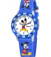 M-I-C-K-E-Y! Help your kids stay on time with this fun Time Teacher watch from Disney. Featuring iconic character Mickey Mouse, his arms act as the hour and minute hands, clearly labeled for easy reading.