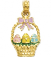 What better gift to add to an Easter basket, but a petite Easter basket charm! Crafted in 14k gold, this intricate design features a pastel enamel decor and three vibrant Easter eggs. Approximate length: 4/5 inch. Approximate width: 2/5 inch.