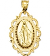 The perfect gift of faith, this iconic Virgin Mary charm features a unique diamond-cut design and the Hail Mary prayer on the reverse side. Crafted in 14k gold. Chain not included. Approximate length: 1-1/5 inches. Approximate width: 7/10 inch.