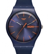 Hit the courts with this bold athletic watch from Swatch's Roland-Garros Bleue collection.