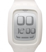 This crisp and unblemished digital watch from Swatch's Touch White collection boasts innovative touch-screen technology, making it a multi-functional accessory.
