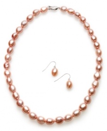 Blushing beauties. This elegant jewelry set from Fresh by Honora highlights rose-hued cultured freshwater pearls (8-10 mm). Necklace and earrings set in sterling silver and silk cord. Approximate length: 18 inches. Approximate drop: 1 inch.