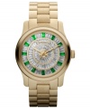 Emerald-colored crystals mark the time on this mesmerizing Runway watch from Michael Kors.