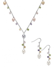 Mix it up with fresh colors and unique stones. Fresh by Honora's matching necklace and earrings set highlights rose, champagne, grey and white cultured freshwater pearls (6-8mm) with citrine (2-1/5 ct. t.w.), amethyst (1/4 ct. t.w.), peridot (2-1/3 ct. t.w.) and rose quartz (2-1/4 ct. t.w.) chips. Set in sterling silver. Approximate length: 18 inches. Approximate drop (pendant): 1-1/4 inches. Approximate drop (earring): 1-1/2 inches. Mix it up with fresh colors and unique stones. Fresh by Honora's matching necklace and earrings set highlights rose, champagne, grey and white cultured freshwater pearls (6-8mm) with citrine (2-1/5 ct. t.w.), amethyst (1/4 ct. t.w.), peridot (2-1/3 ct. t.w.) and rose quartz (2-1/4 ct. t.w.) chips. Set in sterling silver. Approximate length: 18 inches. Approximate drop (pendant): 1-1/4 inches. Approximate drop (earring): 1-1/2 inches.