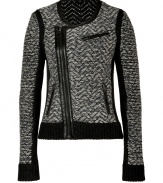 Biker-inspired cardigan from Rag & Bone in gray wool mix - Features a delicate zigzag pattern, leather-trimmed scoop neck, asymmetrical leather-trimmed zipper placket, zip pockets and black knit cuffs - Slim, waisted silhouette including long, fitted sleeves - Style with a pencil skirt and heels for the office, or with slim cropped pants and flat boots for a relaxed, polished looked,