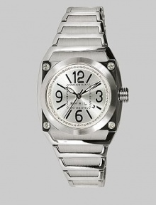From the Gear Collection. Sleek and sparkly come together in a smart bracelet watch of brushed and polished stainless steel with radiant Swarovski crystal accents. Quartz movement Water-resistant to 10ATM Stainless steel case with crystal accents; 33mm diameter (1.3) Brushed stainless steel bezel Silver sunray dial with crystal border Second hand Date display at 4:00 Oversized numerals and hour markers Stainless steel bracelet; 22mm (.87)Imported From the Gear Collection. Sleek and sparkly come together in a smart bracelet watch of brushed and polished stainless steel with radiant Swarovski crystal accents. Quartz movement Water-resistant to 10ATM Stainless steel case with crystal accents; 33mm diameter (1.3) Brushed stainless steel bezel Silver sunray dial with crystal border Second hand Date display at 4:00 Oversized numerals and hour markers Stainless steel bracelet; 22mm (.87)Imported