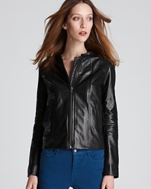 Send your style downtown with a Bloomingdale's Exclusive Gerard Darel leather jacket, finished with bullish zip accents for a hint of punk irony. Set off the structured silhouette with colored denim for urban edge. Send your style downtown with a Bloomingdale's Exclusive Gerard Darel leather jacket, finished with bullish zip accents for a hint of punk irony. Set off the structured silhouette with colored denim for urban edge.