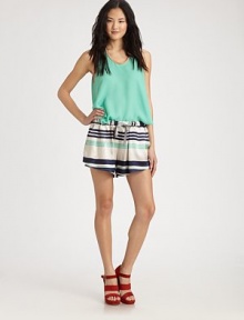Bold variegated stripes highlights sumptuous matte silk in this abbreviated drawstring silhouette.Drawstring elastic waistFlat frontSlash pocketsInseam, about 4SilkDry cleanImportedModel shown is 5'10 (177cm) wearing US size Small. Bold variegated stripes highlights sumptuous matte silk in this abbreviated drawstring silhouette.Drawstring elastic waistFlat frontSlash pocketsInseam, about 4SilkDry cleanImportedModel shown is 5'10 (177cm) wearing US size Small.