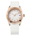 Classic and casual: Tommy Hilfiger's specialty. Watch crafted of ribbed white silicone strap and round rose-gold ion-plated stainless steel case. Rose-gold tone and white bezel etched with numerals. Logo-embossed white dial features outer ring of crystal accents, applied rose-gold tone numerals, three hands and flag logo at three o'clock. Quartz movement. Water resistant to 30 meters. Ten-year limited warranty.