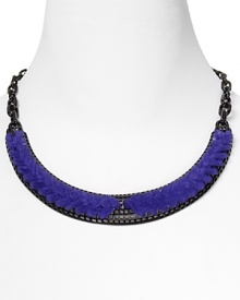 Channel your inner cool-girl in Giles & Brother's black laquer collar. A mash-up of high-shine and woven leather, this hard-hitting accessory is perfect paired with dark, downtown looks. Channel your inner cool-girl in Giles & Brother's black laquer collar. A mash-up of high-shine and woven leather, this hard-hitting accessory is perfect paired with dark, downtown looks.