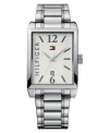 This Tommy Hilfiger watch gives you durability and versatility with a refined finish. Stainless steel bracelet and rectangular case. White dial with logo, date window, stick indices and logo. Quartz movement. Water resistant to 30 meters. Ten-year limited warranty.