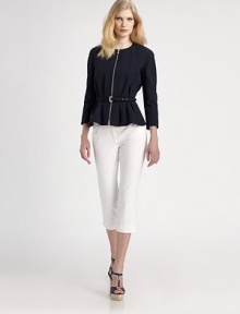 The classic five-pocket denim style gets an update with a sporty, cropped silhouette.Self waistband with belt loopsZip fly with button closureFive-pocket styleVented cuffsSignature back patchFully linedConcealed back zipInseam, about 22CottonDry cleanMade in France of imported fabricModel shown is 5'10 (177cm) wearing US size 4.OUR FIT MODEL RECOMMENDS ordering one size up as this style runs small. The classic five-pocket denim style gets an update with a sporty, cropped silhouette.Self waistband with belt loopsZip fly with button closureFive-pocket styleVented cuffsSignature back patchFully linedConcealed back zipInseam, about 22CottonDry cleanMade in France of imported fabricModel shown is 5'10 (177cm) wearing US size 4.OUR FIT MODEL RECOMMENDS ordering one size up as this style runs small.