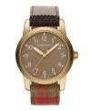 This Burberry timepiece features a multicolored Heritage Check pattern for iconic style.