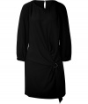 Stylish black draped dress - Update your basics with this super chic wool-blend day dress - Flattering draped silhouette with waistband buckle detail - Style with fishnets, peep-toe platforms, and a cashmere scarf for everyday elegance - Wear with ribbed tights, wedge booties, and a leather jacket