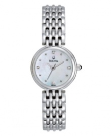 Balancing act. Intricate links and a clean dial combine on this watch by Bulova. Stainless steel bracelet and round case. Mother-of-pearl dial features four diamond accent markers, silver tone dot markers, three hands and logo. Quartz movement. Water resistant to 30 meters. Three-year limited warranty. Balancing act. Intricate links and a clean dial combine on this watch by Bulova. Stainless steel bracelet and round case. Mother-of-pearl dial features four diamond accent markers, silver tone dot markers, three hands and logo. Quartz movement. Water resistant to 30 meters. Three-year limited warranty.