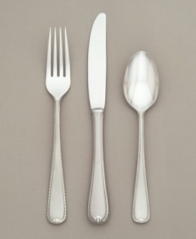 The distinctive formal Ribbon Edge Frost pattern is designed with a matte-finished ribbon gracefully entwining the polished stainless steel handle. Includes a cold meat fork, gravy ladle and pierced tablespoon. The distinctive formal Ribbon Edge Frost pattern is designed with a matte-finished ribbon gracefully entwining the polished stainless steel handle. Includes a cold meat fork, gravy ladle and pierced tablespoon.