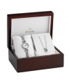 Sweeping loops of crystal dance across the lovely watch and necklace of this box set by Bulova.
