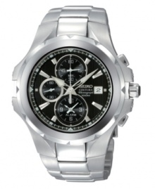 Savor the moment. This chronograph Seiko watch features a stainless steel bracelet and round case. Black dial with alarm, silvertone stick indices, logo, date window and three subdials. Quartz movement. Water resistant to 50 meters. Three-year limited warranty. Savor the moment. This chronograph Seiko watch features a stainless steel bracelet and round case. Black dial with alarm, silvertone stick indices, logo, date window and three subdials. Quartz movement. Water resistant to 50 meters. Three-year limited warranty.