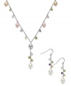 Mix it up with fresh colors and unique stones. Fresh by Honora's matching necklace and earrings set highlights rose, champagne, grey and white cultured freshwater pearls (6-8mm) with citrine (2-1/5 ct. t.w.), amethyst (1/4 ct. t.w.), peridot (2-1/3 ct. t.w.) and rose quartz (2-1/4 ct. t.w.) chips. Set in sterling silver. Approximate length: 18 inches. Approximate drop (pendant): 1-1/4 inches. Approximate drop (earring): 1-1/2 inches.