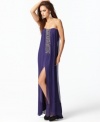 BCBGMAXAZRIA elevates the bohemian silhouette of this silk dress with the addition of a sparkling jeweled front placket and a sexy thigh-high slit at the front of the skirt. (Clearance)