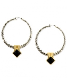 Shapely chic. These hoop earrings from RACHEL Rachel Roy are crafted from silver-ox-tone mixed metal with glass stones adding a shining touch. Square jet-colored stones enhance the bold effect. Approximate drop: 3 inches. Approximate diameter: 1/4 inch. Shapely chic. These hoop earrings from RACHEL Rachel Roy are crafted from silver-ox-tone mixed metal with glass stones adding a shining touch. Square jet-colored stones enhance the bold effect. Approximate drop: 3 inches. Approximate diameter: 1/4 inch.