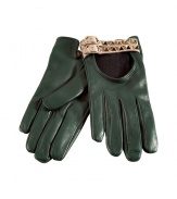 Ladylike luxe meets edgy elegance with Valentinos ultra-chic green  driving gloves - Artfully crafted from sumptuously supple leather and punctuated with two rows of gold-tone studs - Classically slim, second-skin fit - Cut out detail and adjustable buckle closure - Pair with a moto jacket and pencil skirt, jeans and a poncho or slim trousers and a trench