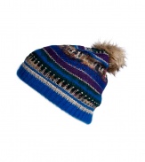 Work a fun edge into your chic winter accessories collection with Juicy Coutures bright blue-multi heritage knit beanie - Ribbed brim, faux fur pom-pom - Wear with sporty parkas and just as bright mittens