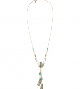 With a stylish Navajo-inspired motif, this boho-chic necklace from Ben-Amun is a new season must-have - Silver-plated pendant with feather fringe detail and turquoise, leather chain - Pair with denim cut offs, a billowy blouse, and fringe-detailed ankle boots
