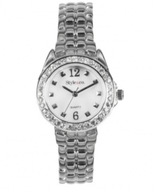 Simple elegance dressed up with a ring of shine. This Style&co watch features a silvertone alloy bracelet and round case. Crystal-accented bezel. White dial with studs at indices, logo and three hands. Quartz movement. Two-year limited warranty. Simple elegance dressed up with a ring of shine. This Style&co watch features a silvertone alloy bracelet and round case. Crystal-accented bezel. White dial with studs at indices, logo and three hands. Quartz movement. Two-year limited warranty.